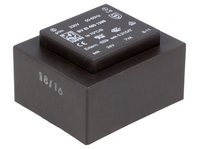 Transformator: ingegoten; 7VA; 230VAC; 24V; 292mA; PCB; BVEI Transformator: ingegoten; 7VA; 230VAC; 24V; 292mA; PCB; BVEI